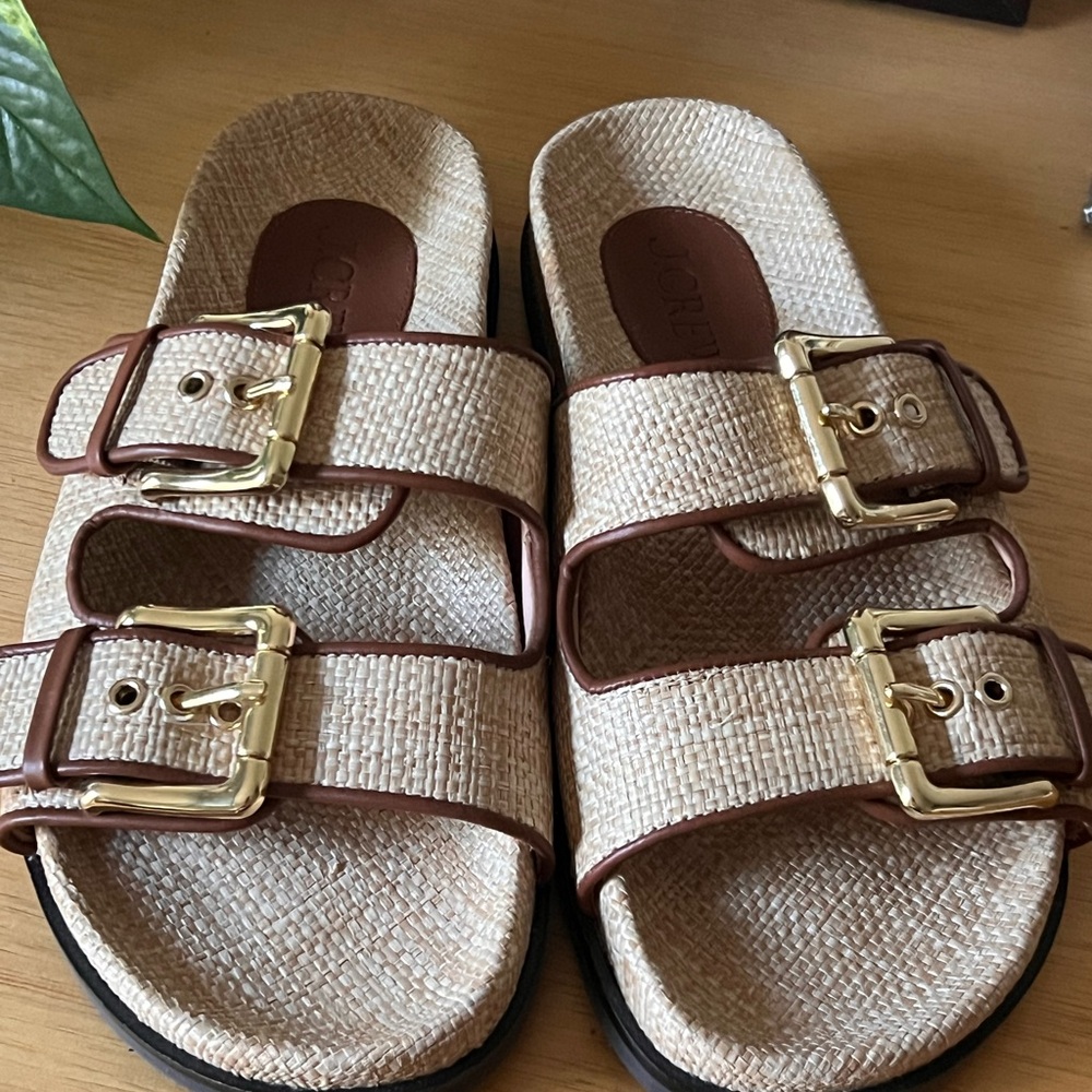 J. Crew Beige Raffia Double-Buckle Slide Sandals with Gold Buckles